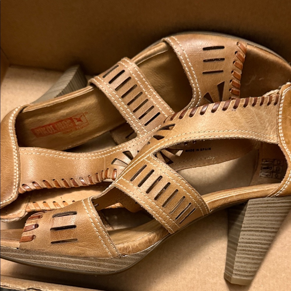 PIKOLINOS Tan Leather Heeled Sandals